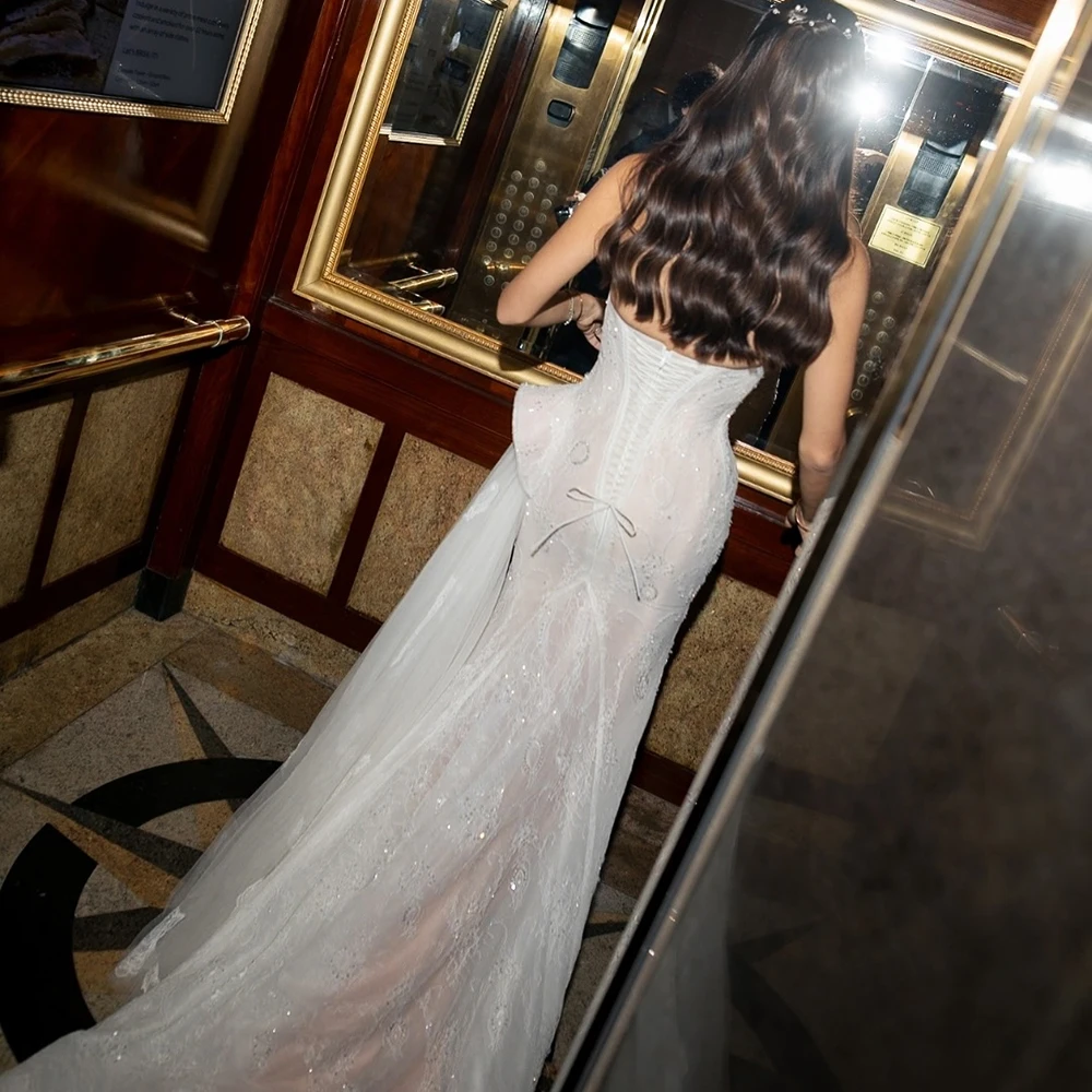 Customized Mermaid Evening Dresses Floor-length High-neck Sleeveless Prom Gown Fashion Sequined Lace Simple Draped Party Gown