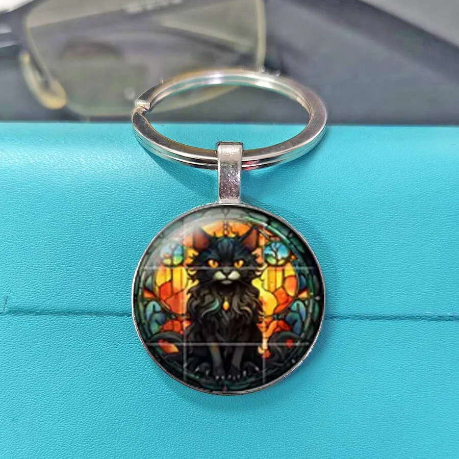 Vintage Church Glass Spooky Feline Keychain Harvest Pumpkin Art Round Key Accessory For Backpack Decor Best Seller Gift