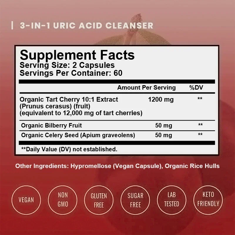Organic Tart Cherry & Celery Seed - Uric Acid Cleansing, Antioxidant, Promotes Muscle Health ＆ Recovery, Improves Sleep Quality