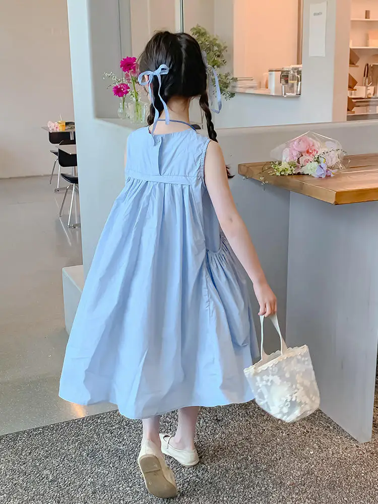 New Arrival Sweet Girls Dress For Summer 2 3 4 5 6 7 8 9 10 11 12 Year Sleeveless Solid Color Blue Child Dresses With Pockets