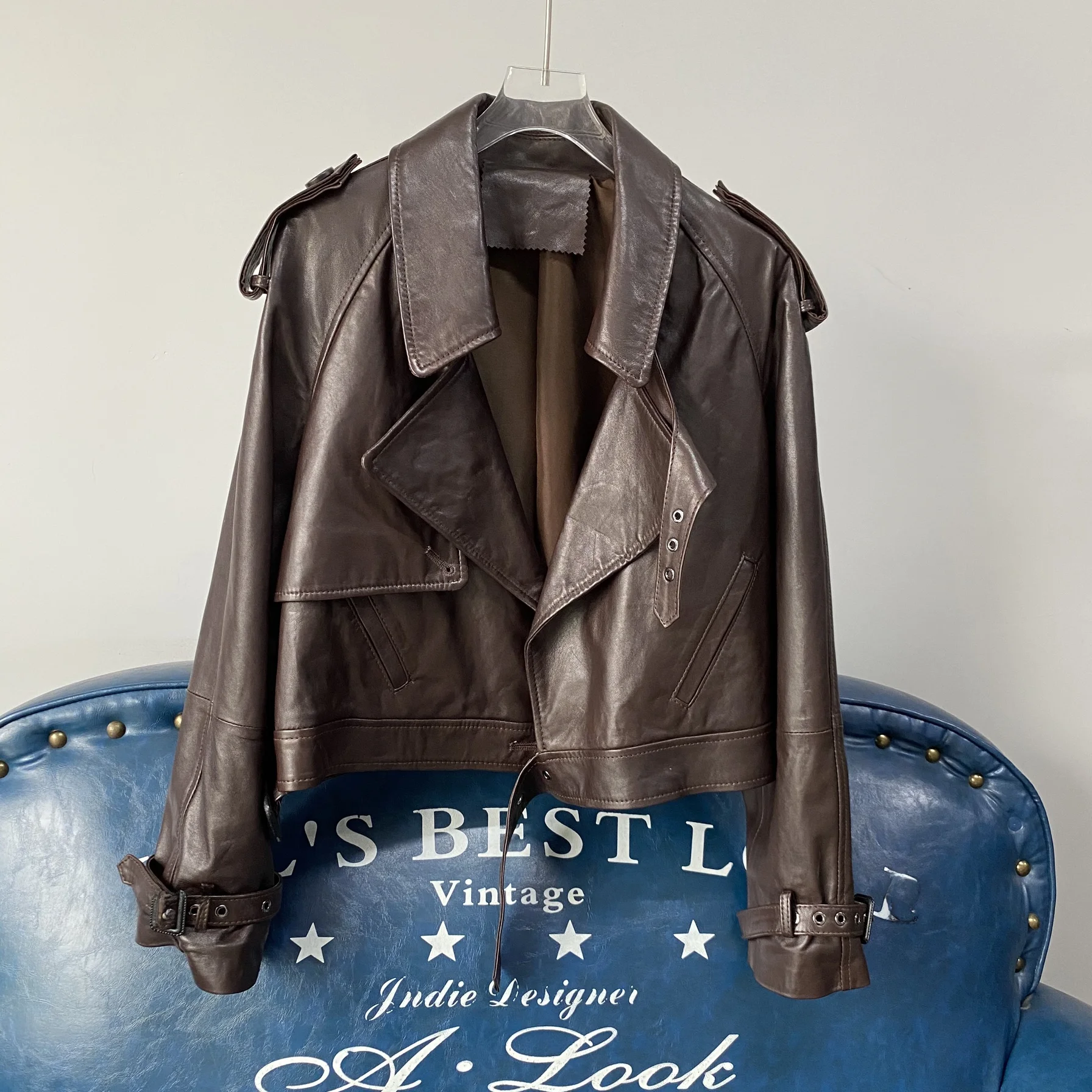 

Ning 2024 New Women's ort Genuine eepskin Leather Jaet Slimming Sli Biker Series Belted Outerwear Coat