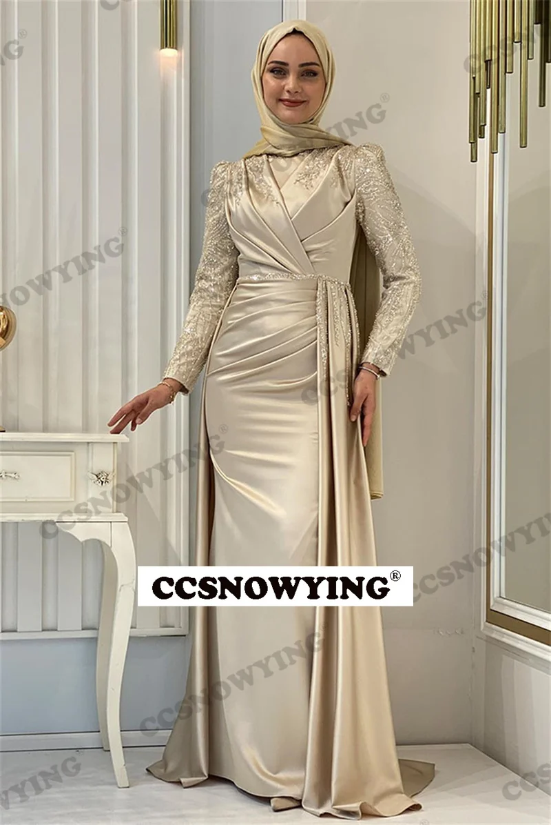 Long Sleeve Hijab Muslim Evening Dresses Satin Appliques Beaded Islamic Formal Party Gown Arabic Dubai Women Moroccan Caftan