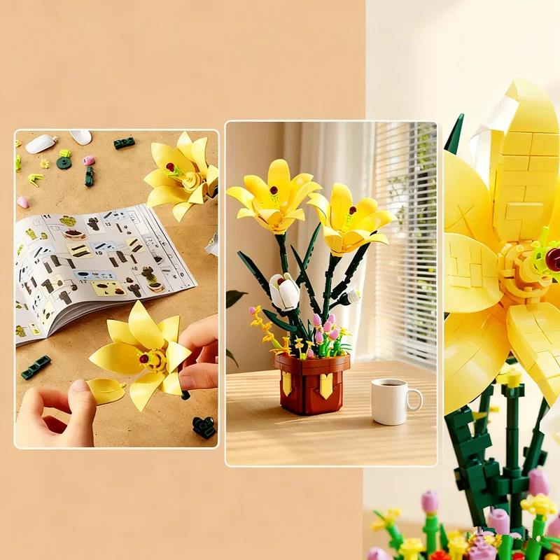 Phalaenopsis vaso de plantas bloco de construção flor modelo quebra-cabeça brinquedos conjuntos ano novo natal presentes aniversário diy criatividade