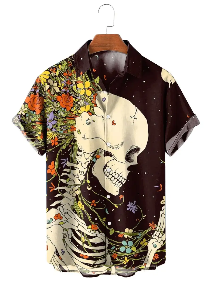 Unisex Fashion Skull Floral Men's Shirts Funny Skull 3D Print Streetwear Short Sleeve Hawaiian Shirt Print Lapel Shirts For Men