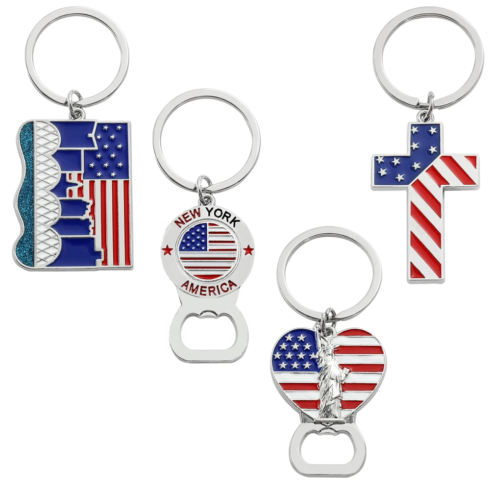 USA Flag Bottle Opener Keychains Creative American Flag Metal Enamel Pendant Keyrings for Women Men Fashion Jewelry Friends Gift