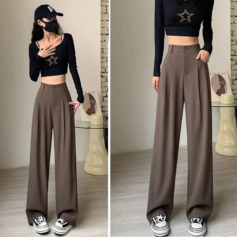 2024 Women Fashion Suit Pants Lady Comfortable Summer High Waist Wide Leg Autumn Trousers Lady Straight Leg Coffee Classic Pants