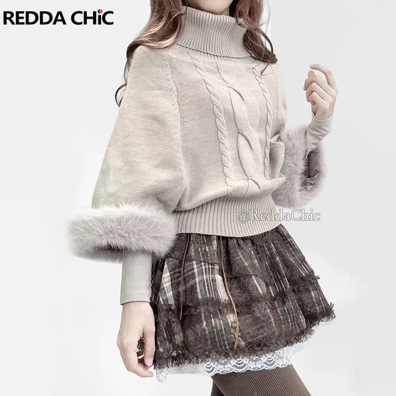 

REDDACHiC Faux Fur Cuffs Poncho Sweater Women Cable Knit Turtleneck Cape Loose Crop Jumper Top School Trendy Fall Winter Clothes