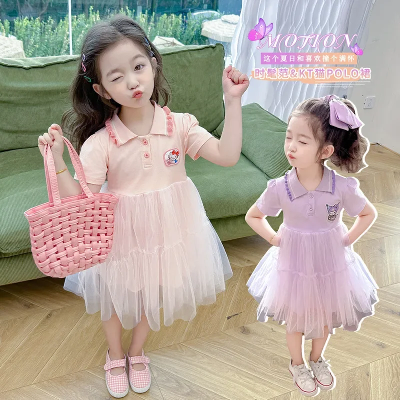 Robe d'été Kuromi Anime Kawaii Sweet Sanurgente pour enfants, vêtements de dessin animé mignon, jupe à manches courtes Hello Kitty Ins, beaux cadeaux