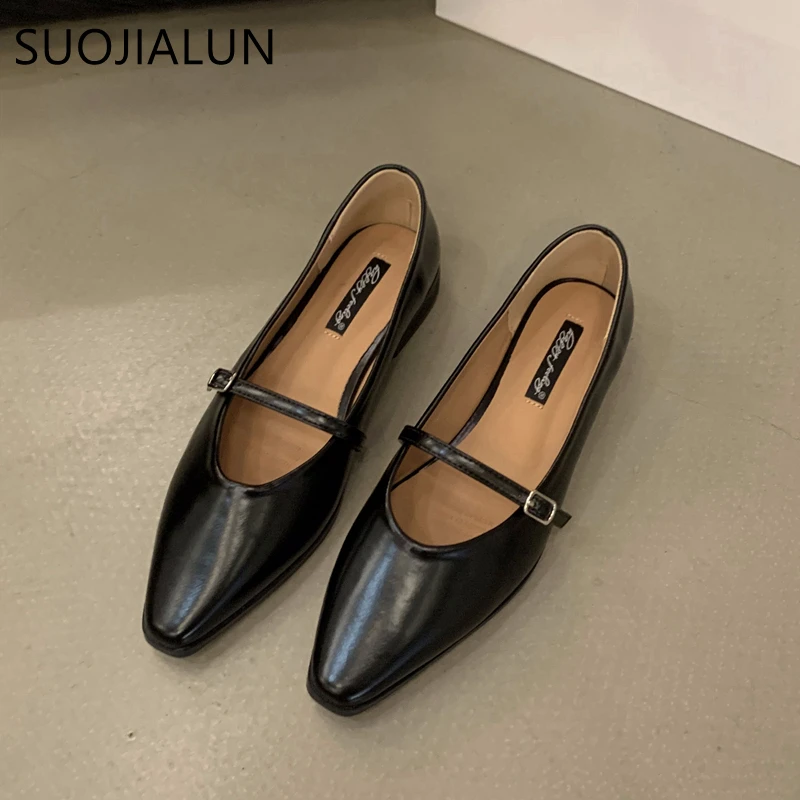 SUOJIALUN 2023 Autumn Women Flat Shoes Fashion Pointed Toe Shallow Slip On Ladies Elegant Csual Ballet Shoes Dress Laofer Shoes