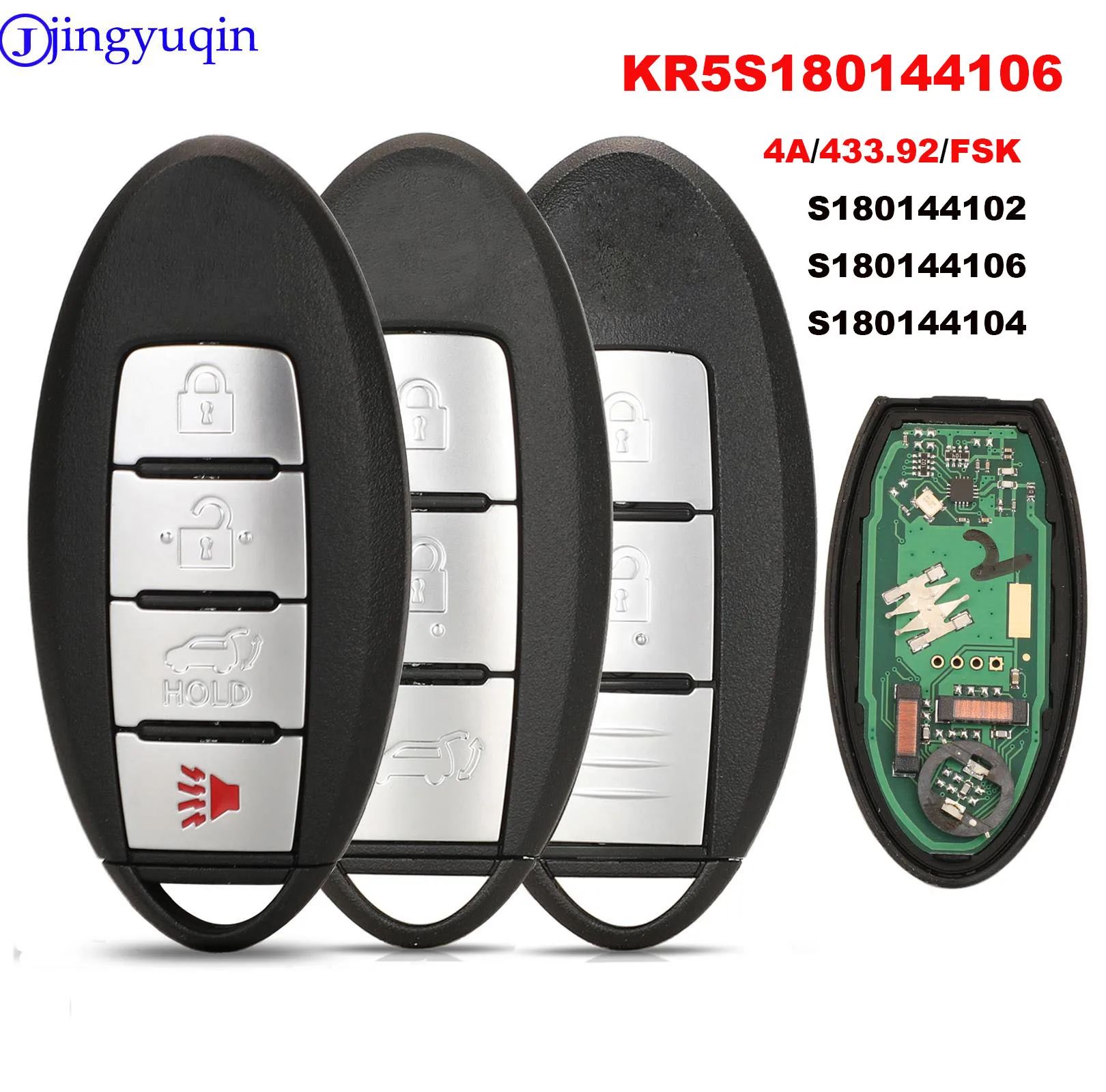 jingyuqin Remote Control Car Key For Nisan Rogue X-Trail FCCID KR5S180144106 433MHz 4A Chip Replacement Keyless Entry Card