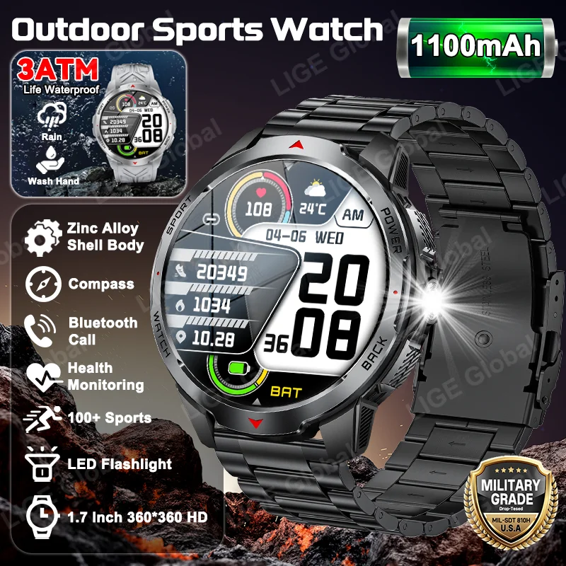 

LIGE 1100mAh Large Battery Adult Smart Watch Men Compass Flashlight 3ATM Waterproof BT Call Heart Rate Sports Fitness Smartwatch