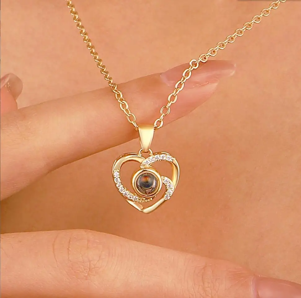 1PC Godd Sweet Crystal Zircon Heart Pendant Necklace for Women Silver Color Metal Chain Wedding Jewelry Party Accessories F1958