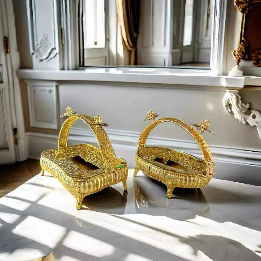 

European Style Metal Fruit Plate Retro Exquisite Storage Basket Multi-Function Classic Golden Glass Plate Food Display