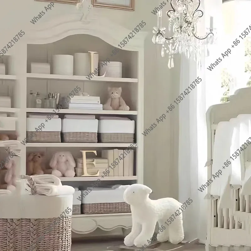 Jj French Retro Old Children's Bookcase American Light Luxury Solid Wood Carving Flower Bookcase Ivory White Display Locker