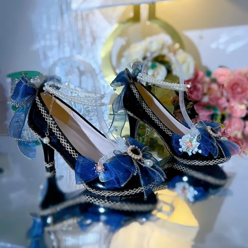 Original Handmade Versatile Lolita Shoes Stylish 18 Year Old Adult Gift High Heels Cute Girl Loli 8cm Heels Blue Bow Pumps