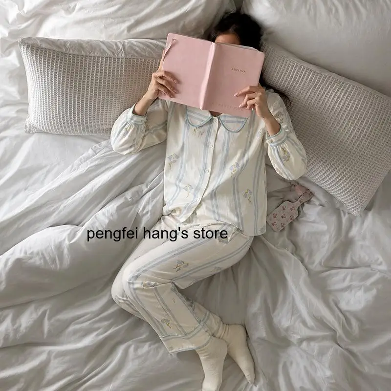 Women Classic Striped Lapel Pajama Set Spring Autumn Long Sleeve Two Piece Outfit Soft Comfort Casual Home Wear Sleep Loungewear