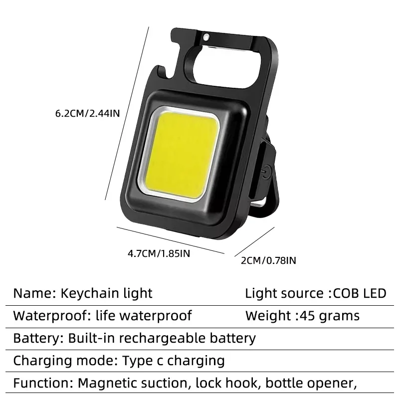 Mini LED Flashlight 1000LM USB Rechargeable COB Work Lights IPX4 Waterproof Keychain Light Lantern for Outdoor Camping Hiking