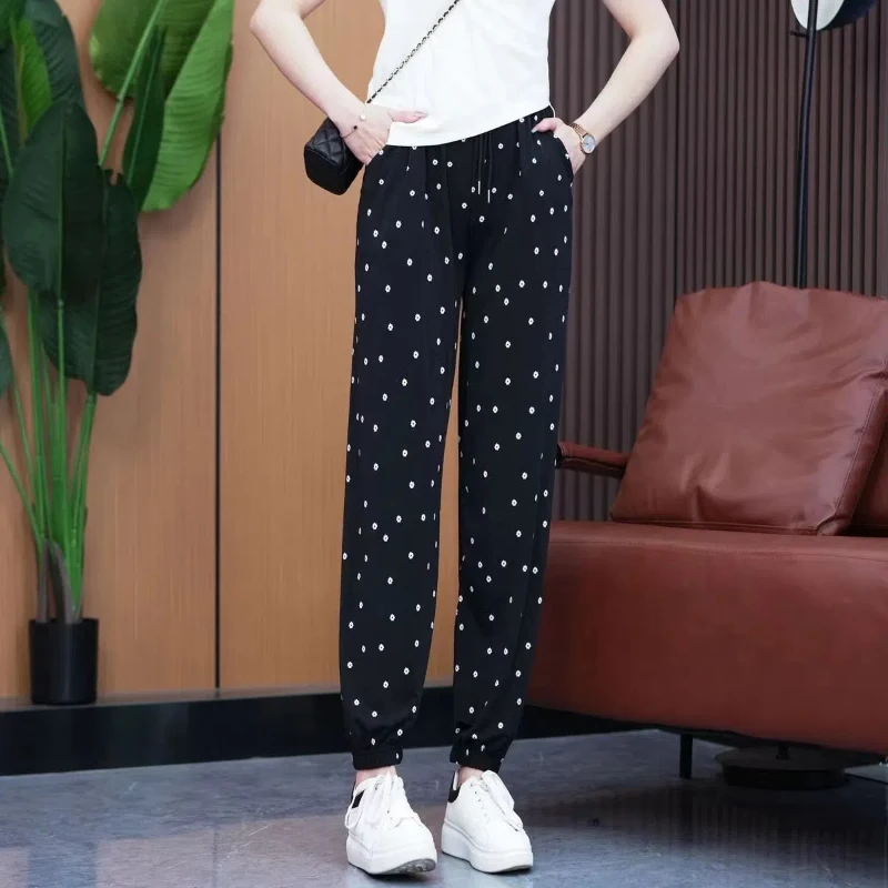 Pantalones bombachos informales para mujer, Pantalón elástico de cintura alta con bolsillo y estampado de letras, holgado, combina con todo, moda coreana, novedad de verano 2024