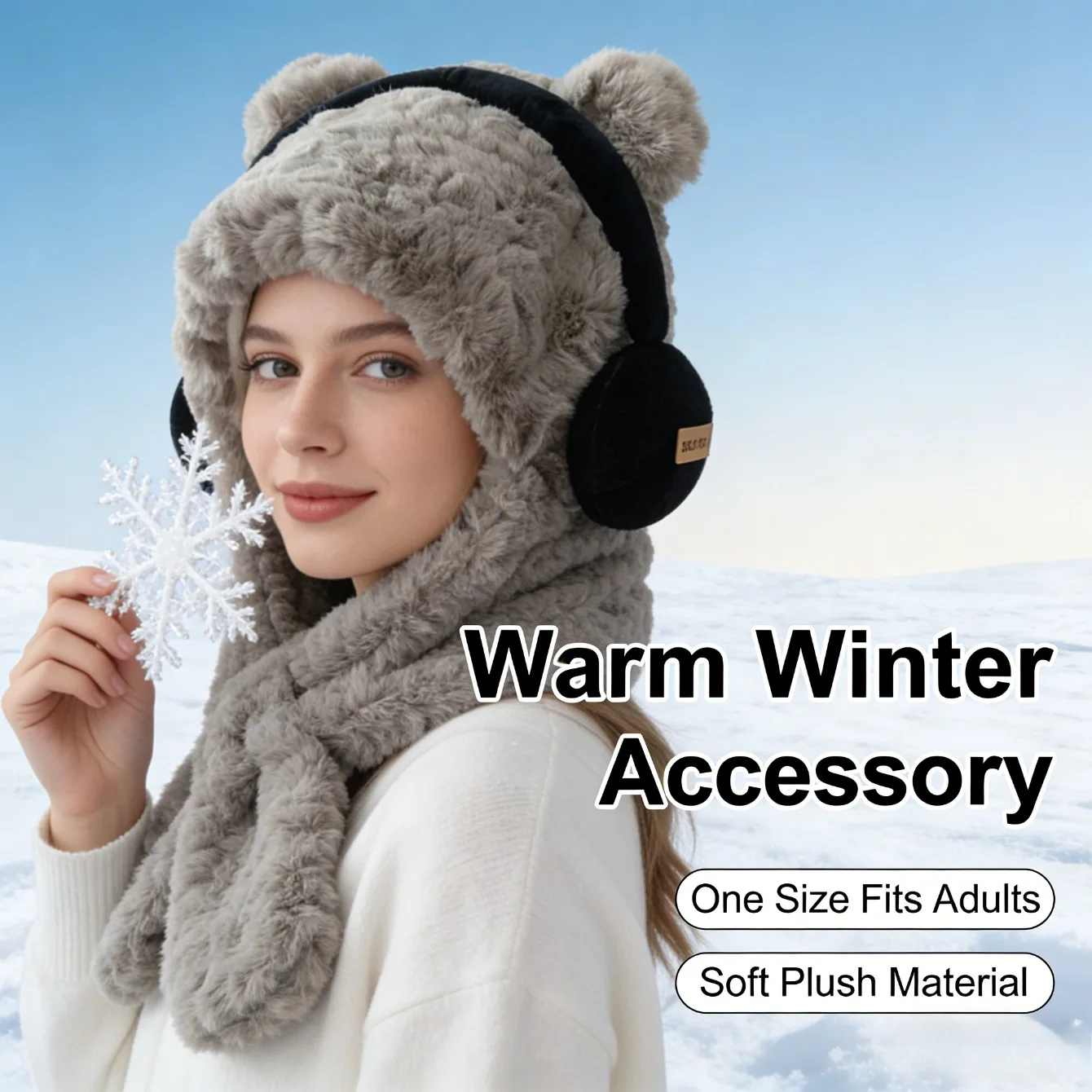 

Женская плюшевая шапка-наушник с медведем, новый интегрированный шарф, толстый морозостойкий теплый шарф на осень-зиму