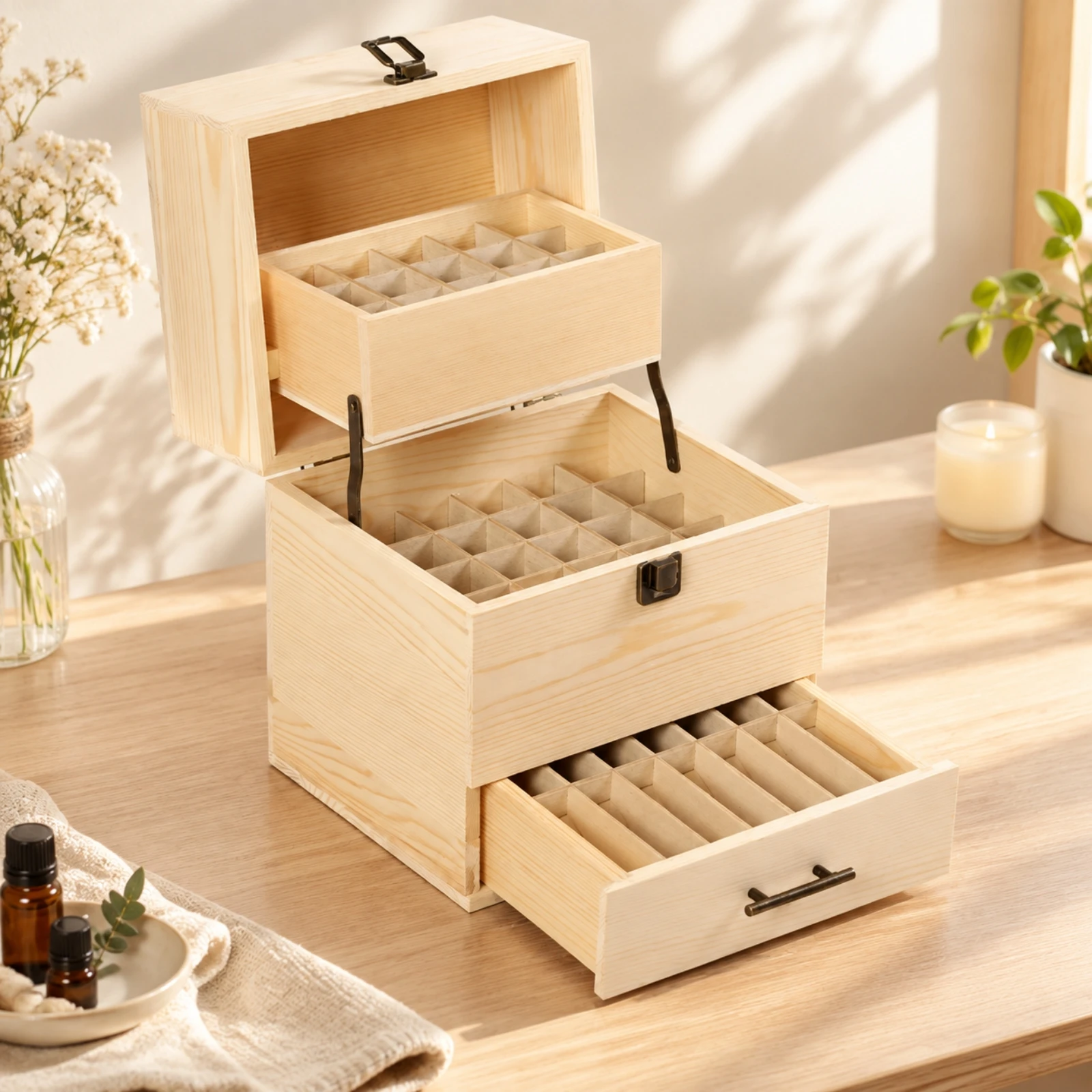 Fir Wood Essential Oil Storage Box Compact Essential Bottle Case with Sliding Drawers Sturdy Long-Lasting for Practitioners