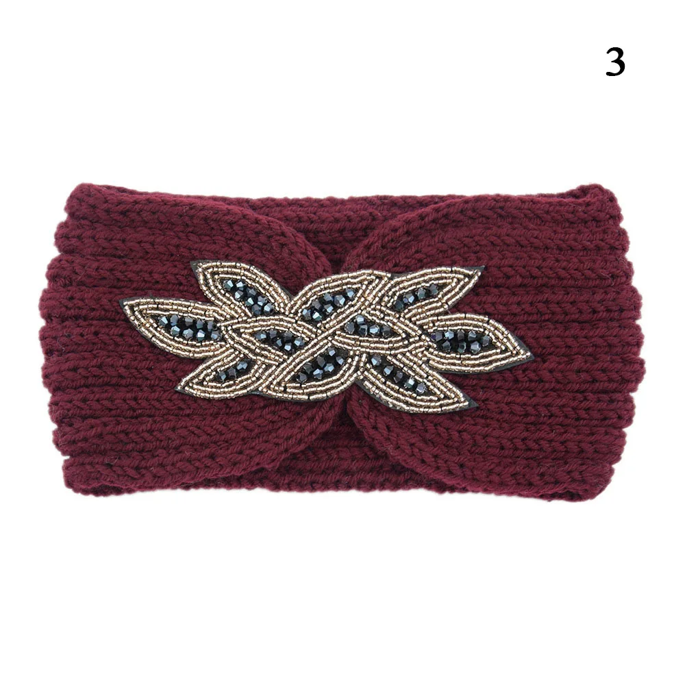 Crystal Knit Headband Women Knitted Wool Hairband Winter Warmer Ear Rhinestone Crochet Wide Hair Bands  Elastic Turban Head Wrap