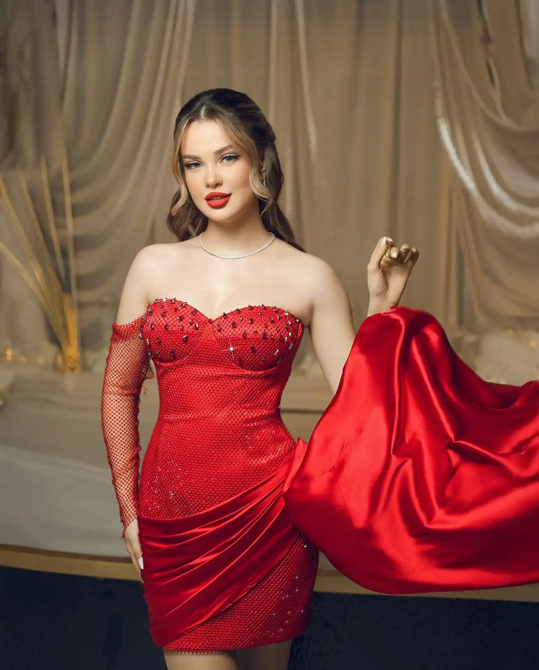 Design Sexy Sweetheart One Sleeves Net Crystal Corset Waist Pleated Ribbon Bodycon Mini Cocktail Evening Prom Formal Party Dress