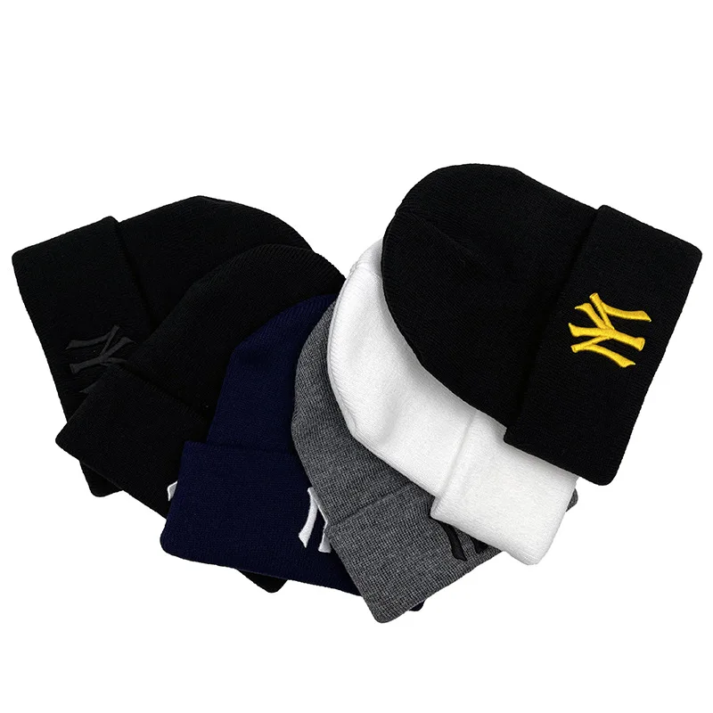 Fashion Korean Style Autumn and Winter Letter Embroidery Solid Color Warm Unisex Knitted Hats Men Women Outdoor Sport Ski Cap