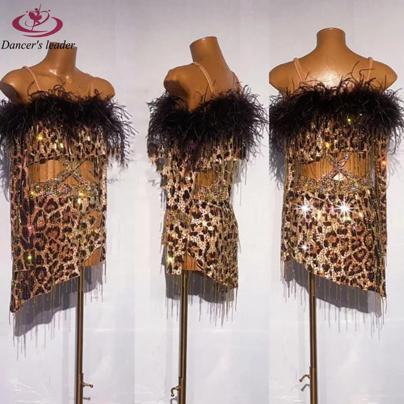 Latin Dance High-end Custom Ostrich Fur Leopard Performance Clothing Cha Tango Female Adult Stage Professional Dress