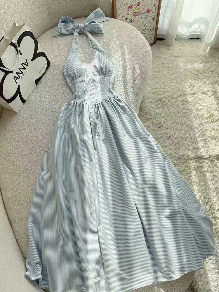 

Ladies Elegant Halter Neck Dress Fashion Lace Patchwork Slim Midi Dress Y2K Summer Sexy Backless Beach Holiday Style Vestidos