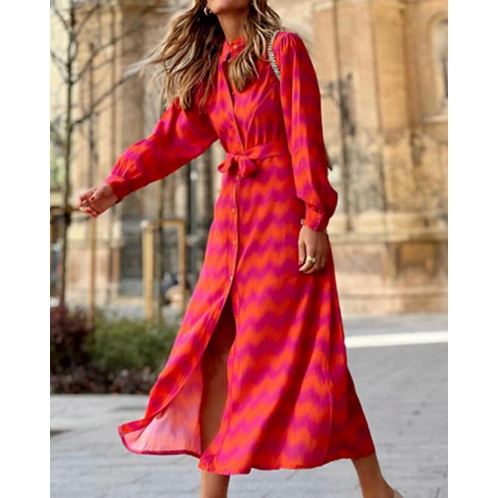 Autumn Spring Women Wave Print Colorblock Midi Shirt Dress Female Long Sleeve Party Long Elegant New in Dresses Korean Style