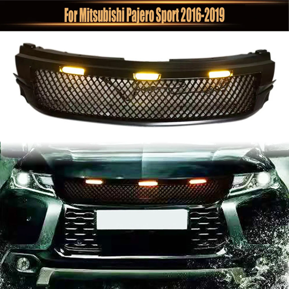 

With LED Light Front Racing Grilles Bumper Hood Mesh Grills Car High Quality Grille Fit For Mitsubishi Pajero Sport 2016-2019