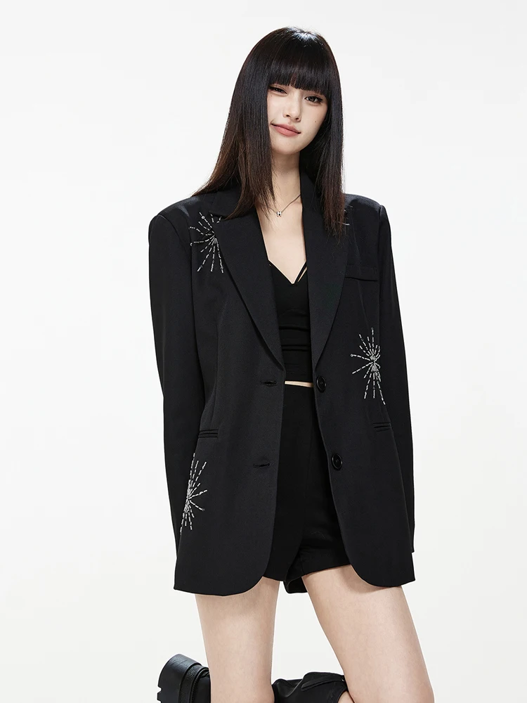 

Модный блейзер со стразами для женщин, черный, весенне-осенний, свободная куртка с зубчатым воротником, женская новинка 2026, уличная одежда INKEO 5O116