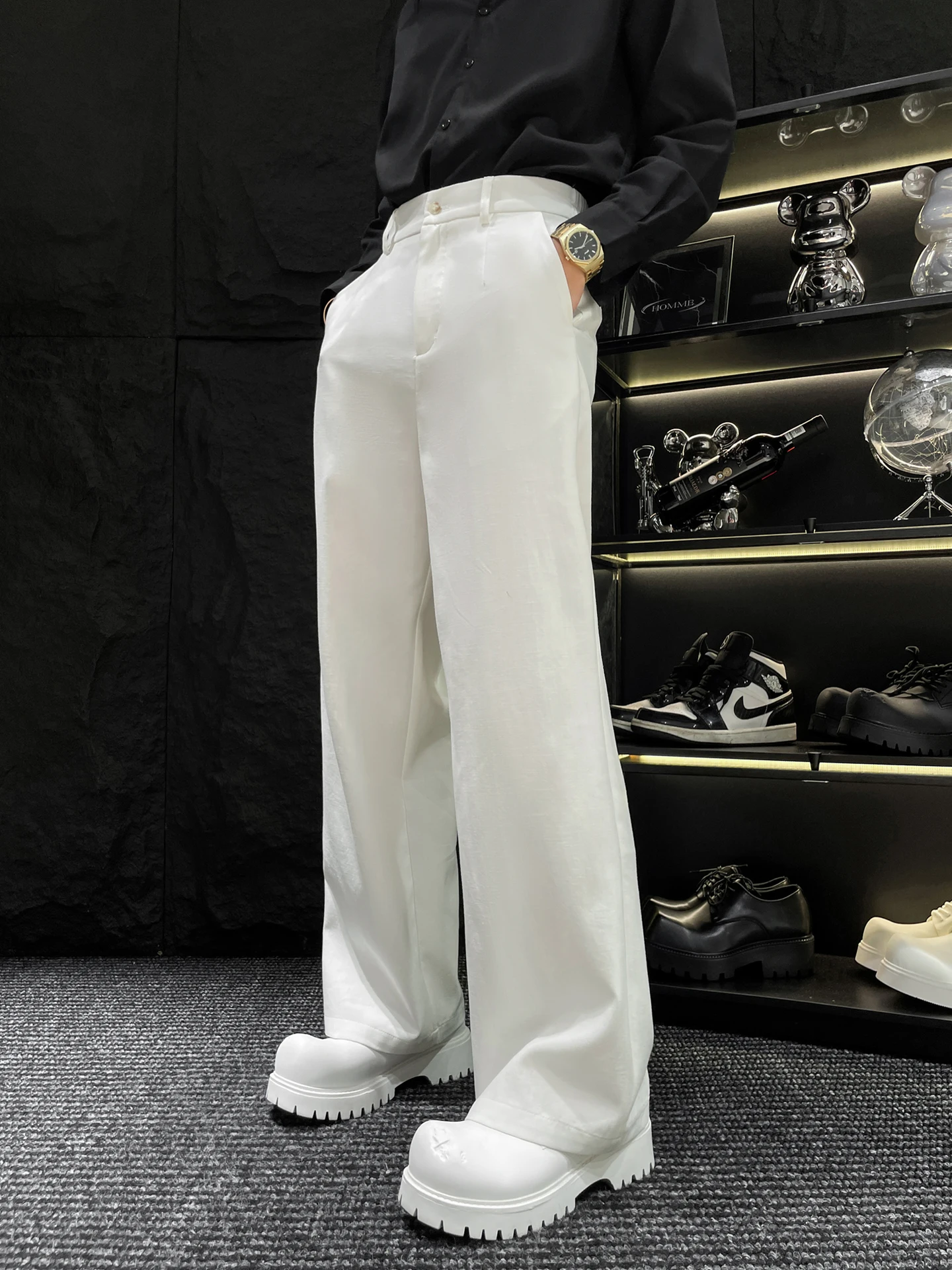 

Белые универсальные прямые брюки свободного покроя, мужские костюмные брюки, однотонные повседневные длинные брюки HOMME, брендовая молодежная модная осенняя одежда