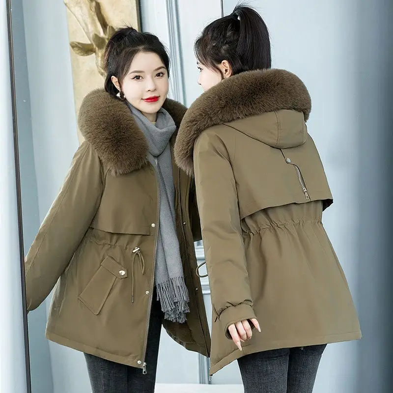 2023 New Women Down Cotton Coat Winter Jacket Female Mid Length Version Plush Parkas Fashion Outwear Hooded Fur Collar Overcoat