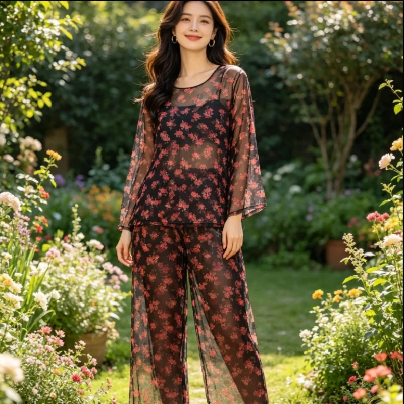 Women Soft Loose Sleeping Plus Size Top Trousers Men Sexy See Through Floral Organza Silky Touch Glossy Pajamas Two-piece Set