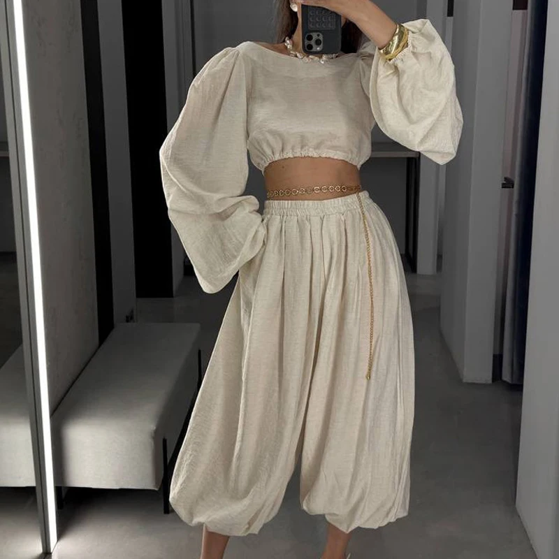 

Fashion O-neck Crop Top & Long Trousers Set Woman Casual Long Sleeve Simple Suit Elegant High Waist Wide Pant Solid Loose Outfit