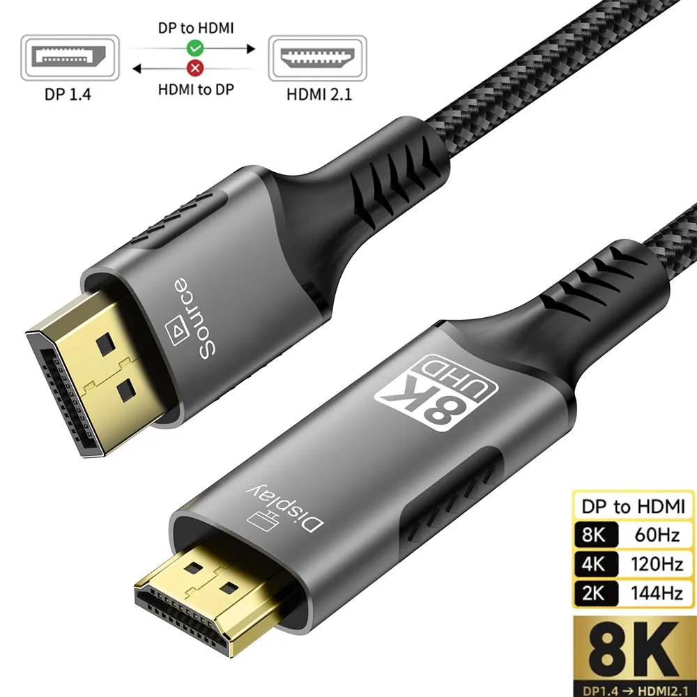 8K DisplayPort to HDMI Cable DP1.4 to HDMI 2.1 Converter 8K@60Hz 4K@120Hz HDR DP to HDTV  For Desktop Laptop PC TV Monitor 6ft2m