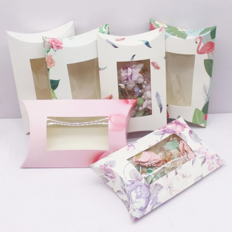 New 17.5x11x3.7 cm big Diy handmade pillow box with window marbling print gift package box white flower style jewerly box