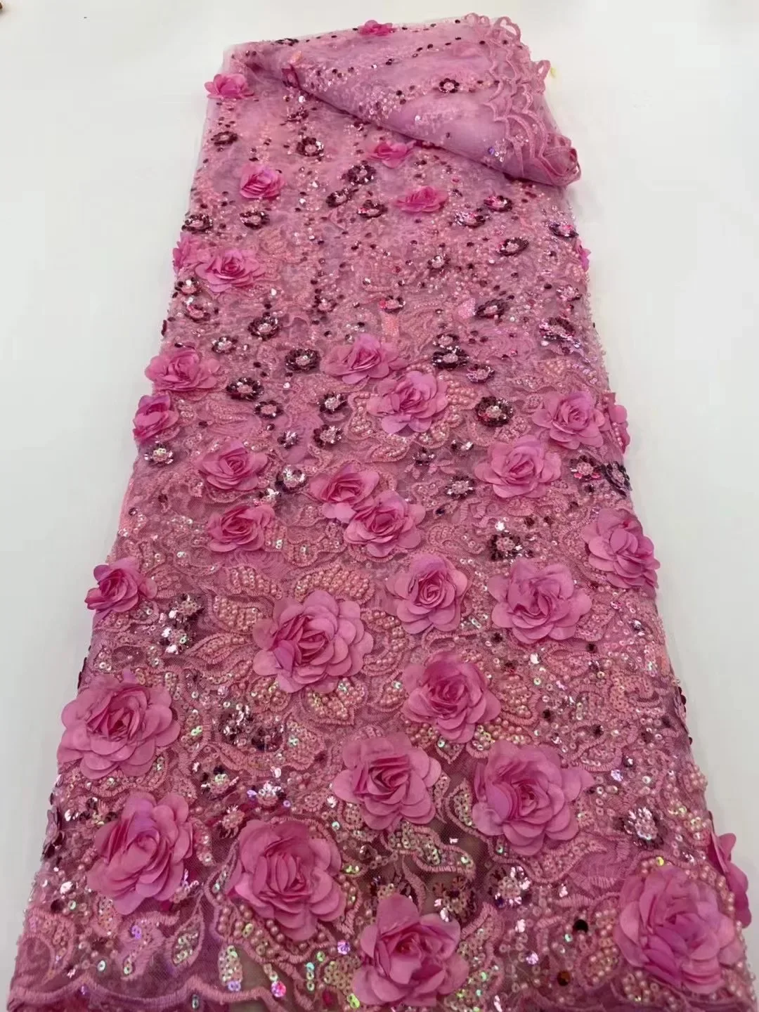 French luxurious 3D embroidered mesh lace sequin wedding beads, high-quality African fashionable design Nigerian lace dress