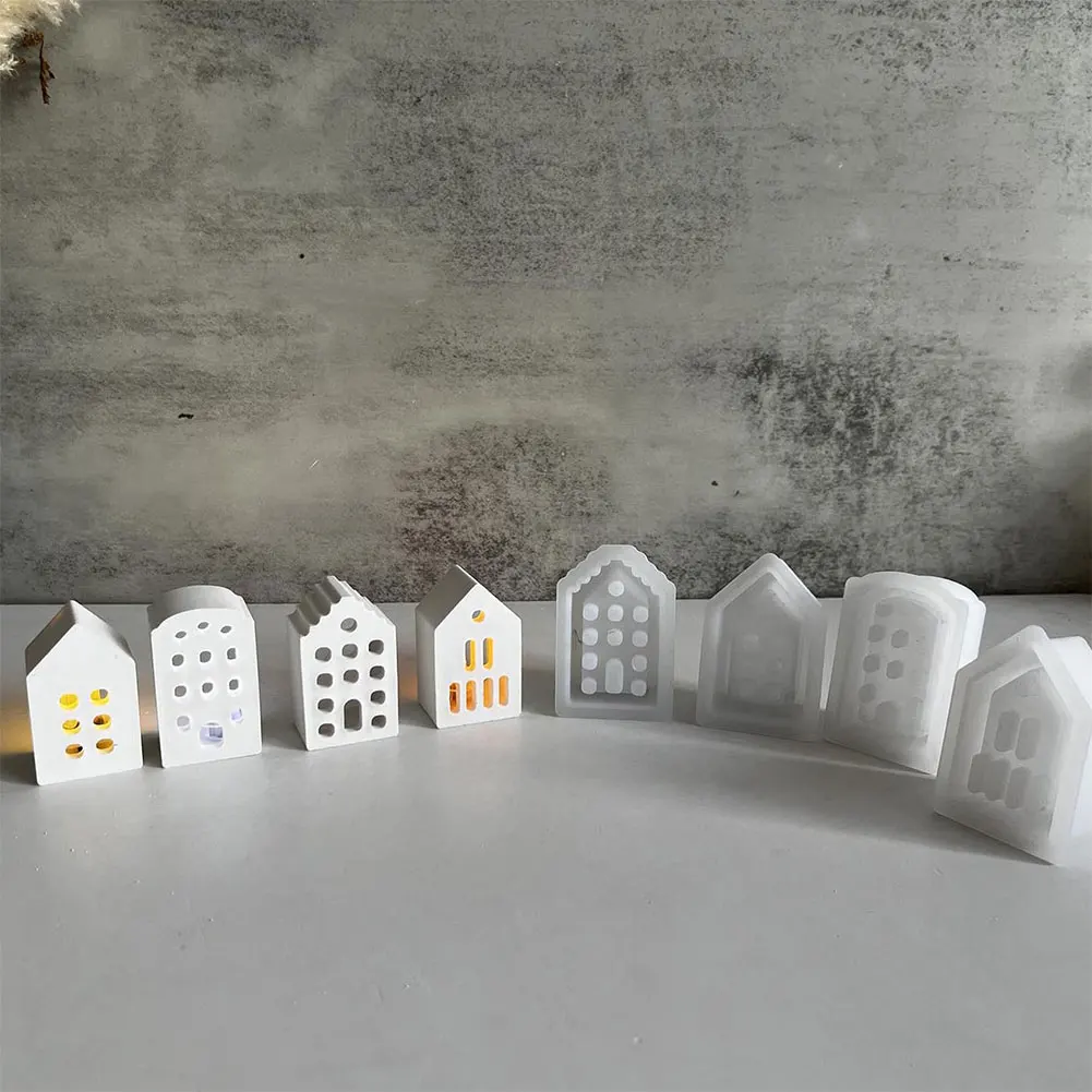 

4pcs Hollow House Candle Holder Silicone Mold Mini Houses Plaster Concrete Cement Mould DIY Candle Holder Ornaments Resin Molds