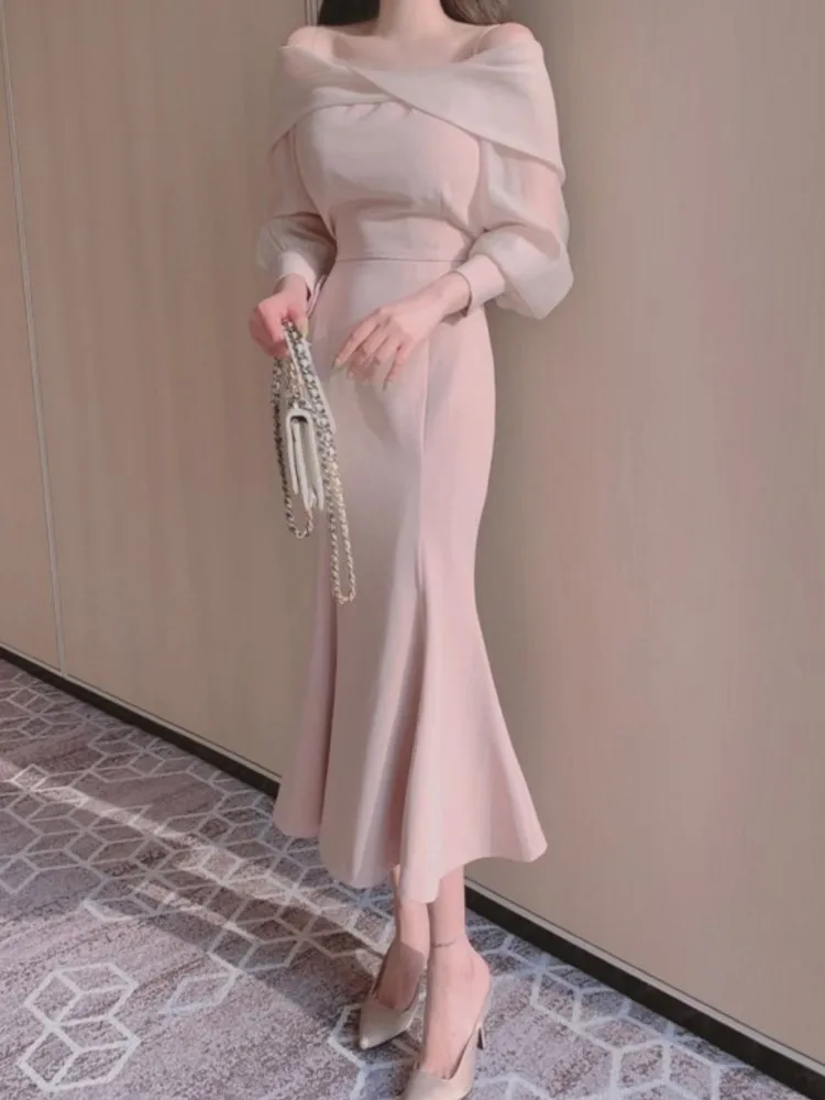 Women Elegant Temperament Fishtail Dress Korean Chic Off-shoulder Slash Neck Long Sleeve Mesh Robes Slim Mermaid Midi Vestidos