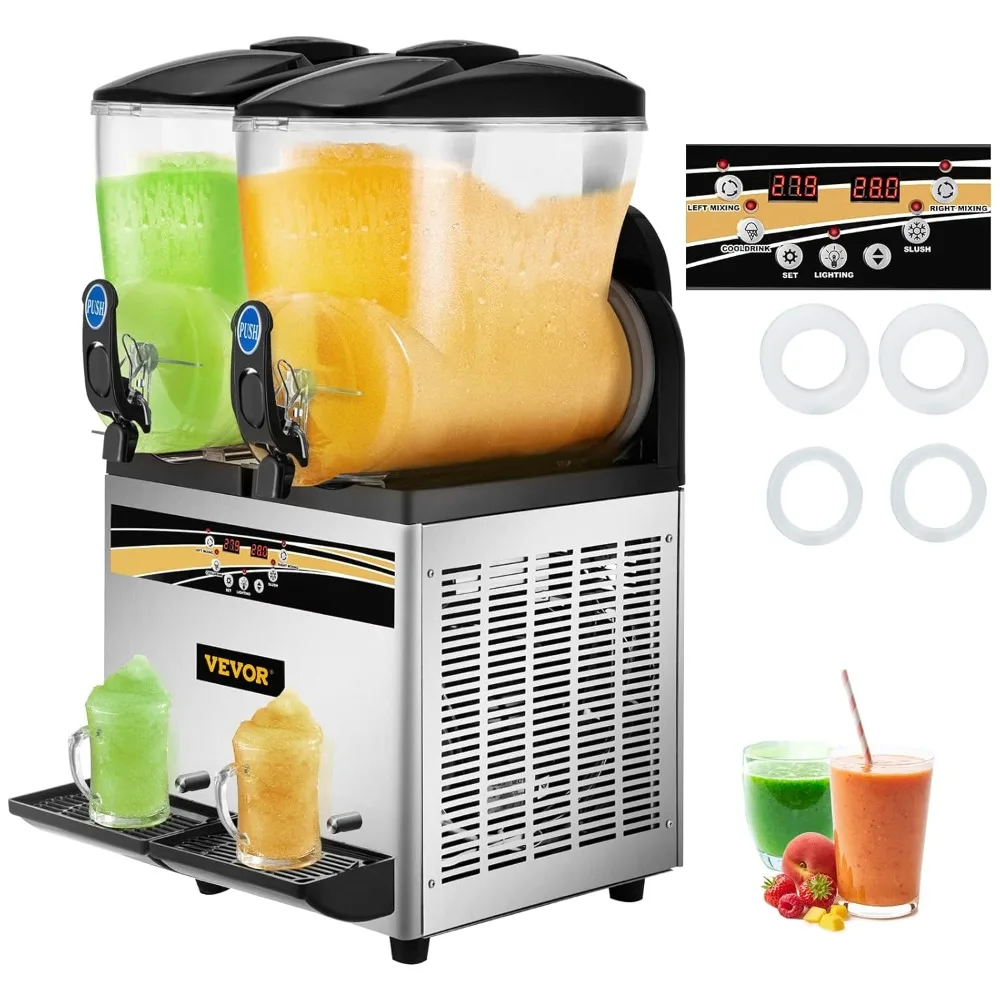 Commercial Slushy Machine, 15Lx2 Tank Margarita Maker, 1000W Stainless Steel Smoothie Frozen Drink Maker for Supermarkets Cafés