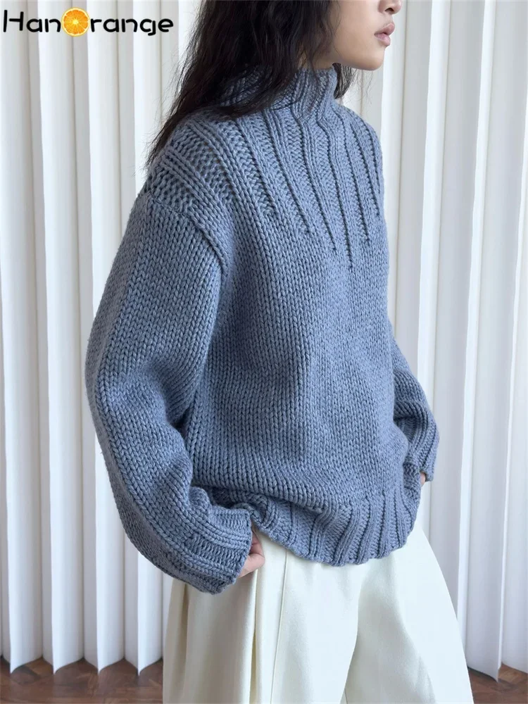 HanOrange 2024 Winter Retro Lazy Wool Half High Collar Sweater Women Pullover Thick Warm Top White/Light Blue