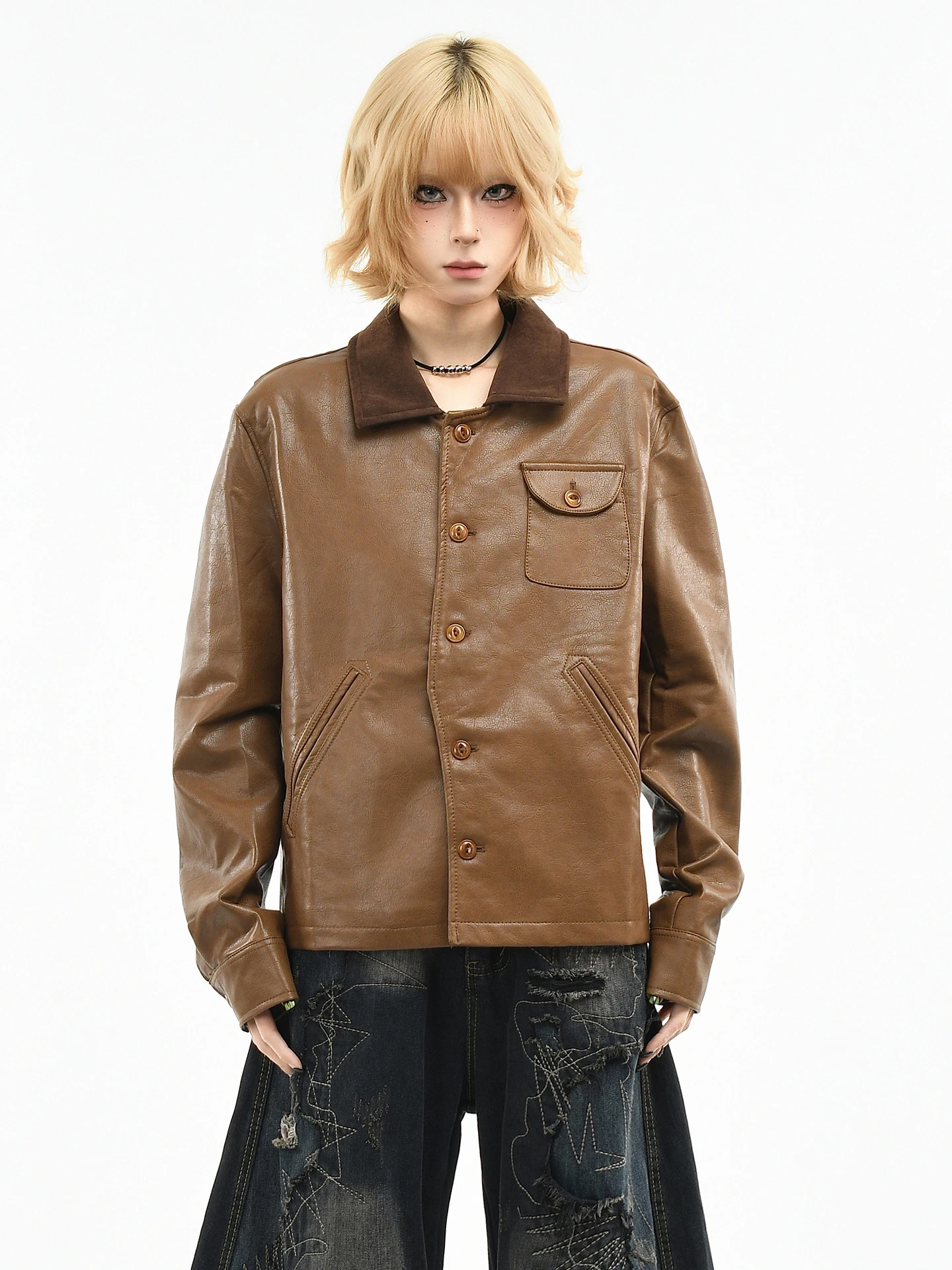 

Женская куртка из искусственной кожи OV Original Retro Sle свободного кроя, весенняя, повседневная, с отложным воротником и декоративными элементами в виде дверных ручек