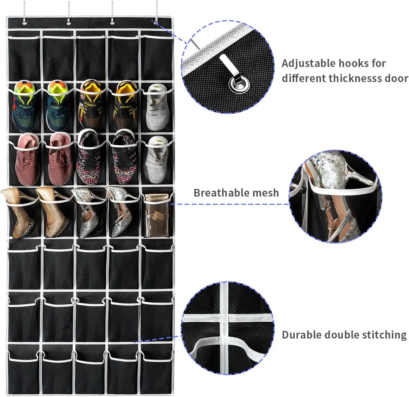 35 Pockets Over the Door Shoe Organizer, Hanging Shoe Organizer for Door with 35 Mesh Pockets Large Capacity Hanging Storage