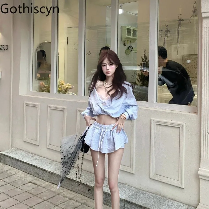 

Gothiscyn Hot Girl Set Women's Summer Plaid Long-sleeved Shirt Lace-up A-line Skirt Shorts Two-piece Set Fashion Female Clothes