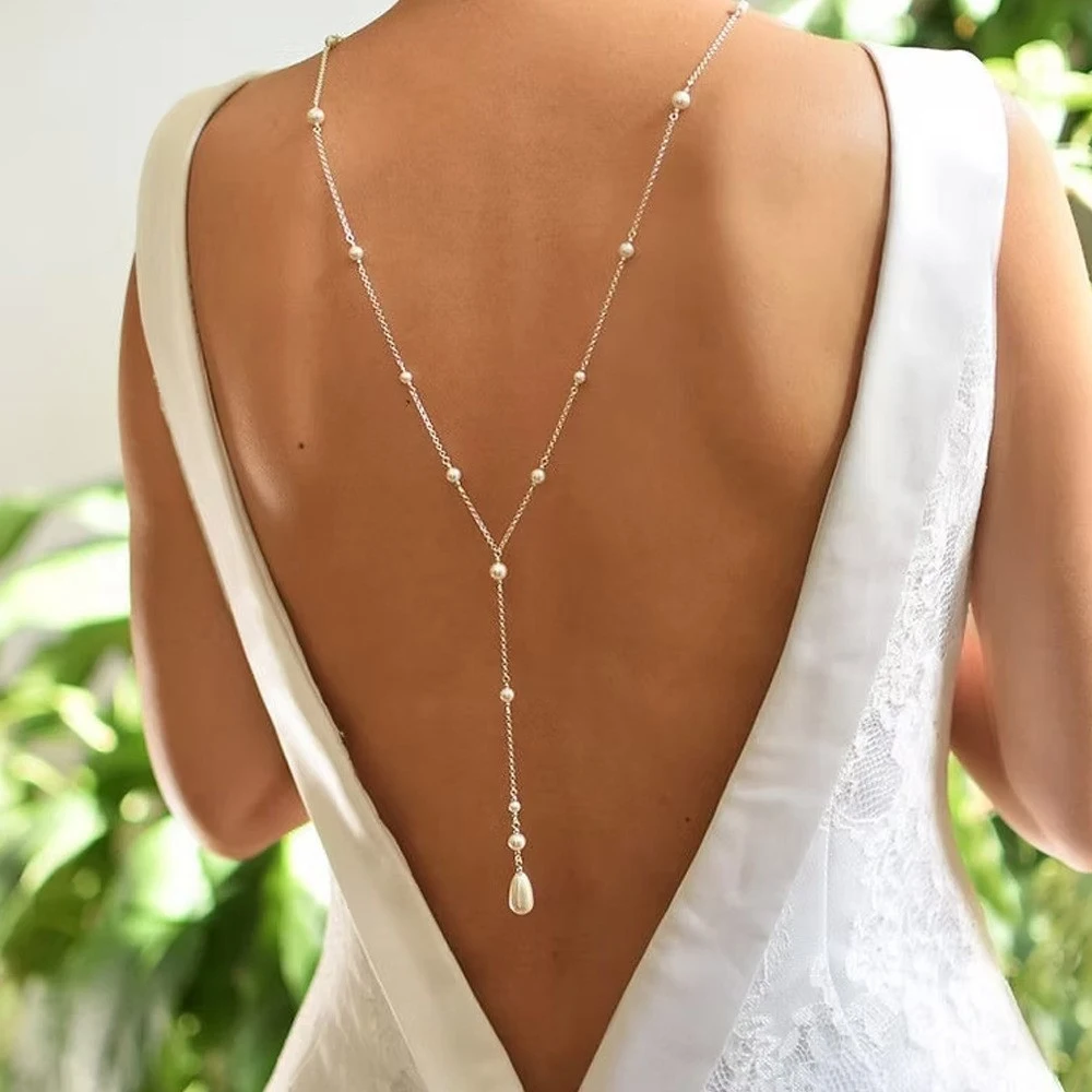 Elegant Pearl Drop Bridal Back Necklace Wedding Jewelry for Women Fashion Long Metal Back Chain Dress Trend Accessories Gifts
