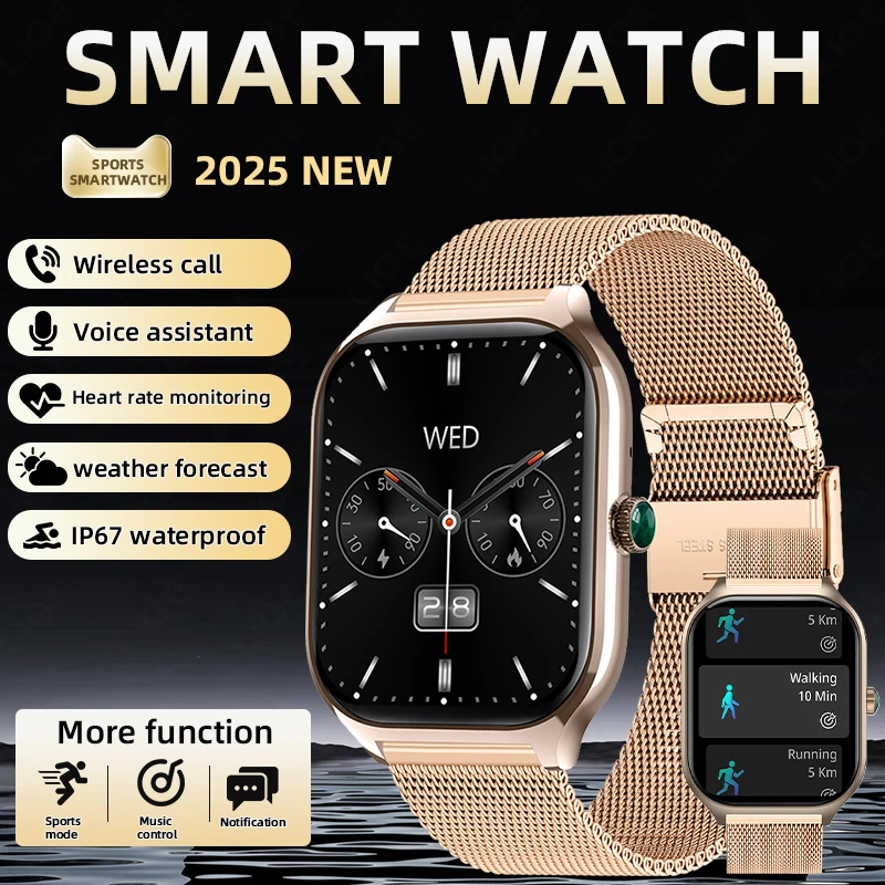 

LIGE спортивные умные часы для женщин, 2,01 дюйма, HD-экран, мониторинг сна, сделай сам, циферблат, IP67, водонепроницаемые, Bluetooth, умные часы с вызовом