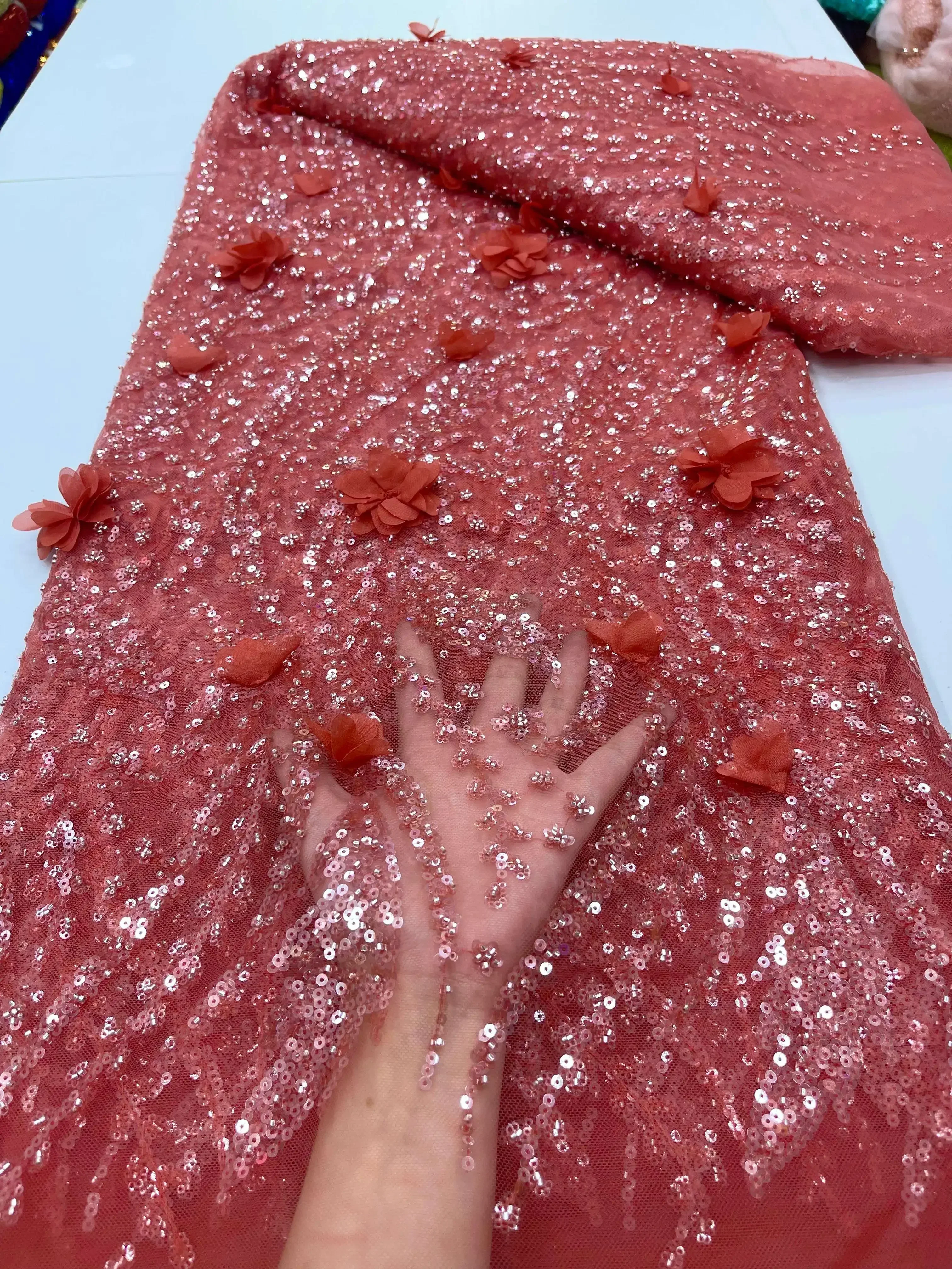 

High Quality Nigerian Women Wedding Latest 3D Flower Embroidery Beads Sequins African Lace Fabric 5 Yards French Material AH1467