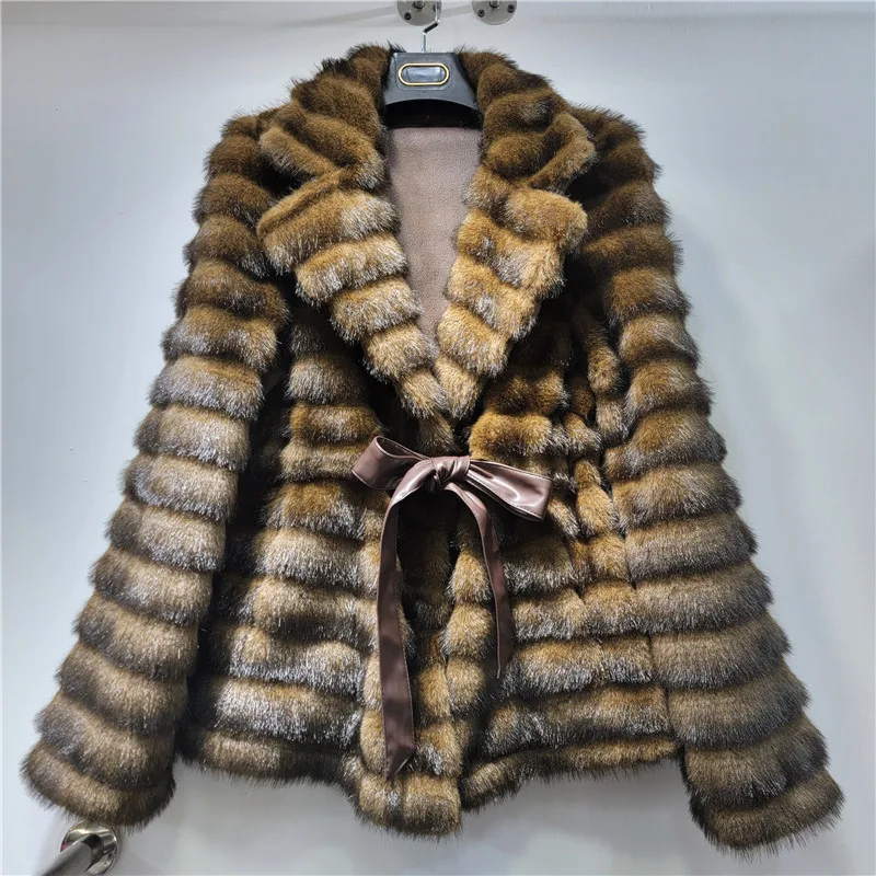 Clothland Women Sweet Fur Jacket Sashes Long Sleeve Turn Down Collar Belt Female Retro Fur Coats Mujer CB390